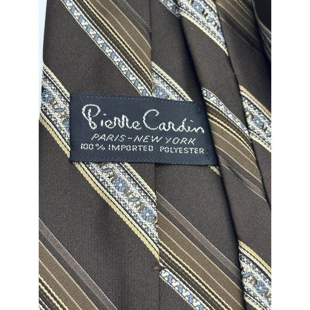 Vintage Pierre Cardin Tie 70s Brown Striped Polyester Paris New York Mod MCM